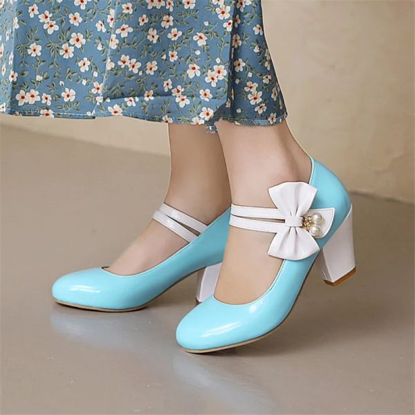 Pompalar Pxelena 8 Şeker Renkli Bowknot Lolita Mary Janes Cosplay Ayakkabıları Kadın Gelinlik Koleji Üniforma Pompaları Prenses Plus Boyutu 45