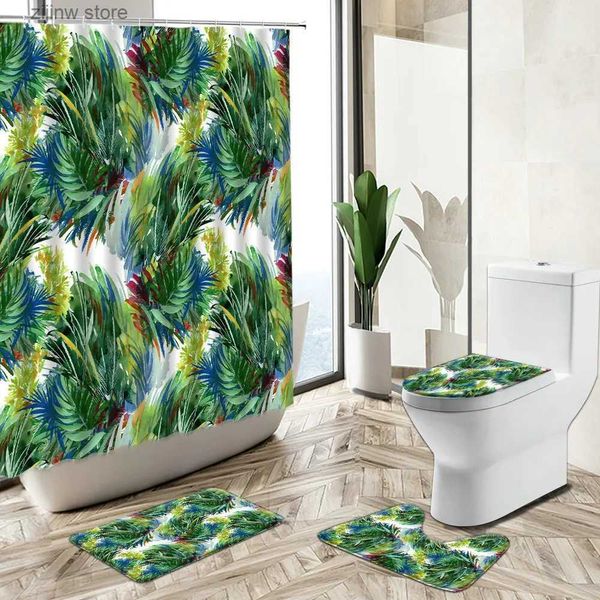 Tende da doccia Piante verdi tropicali Fiore Tenda da doccia Estate Foglie di palma Europeo Esotico Arredamento bagno Tappeto per la casa Copriwater Tappetino da bagno Set Y240316