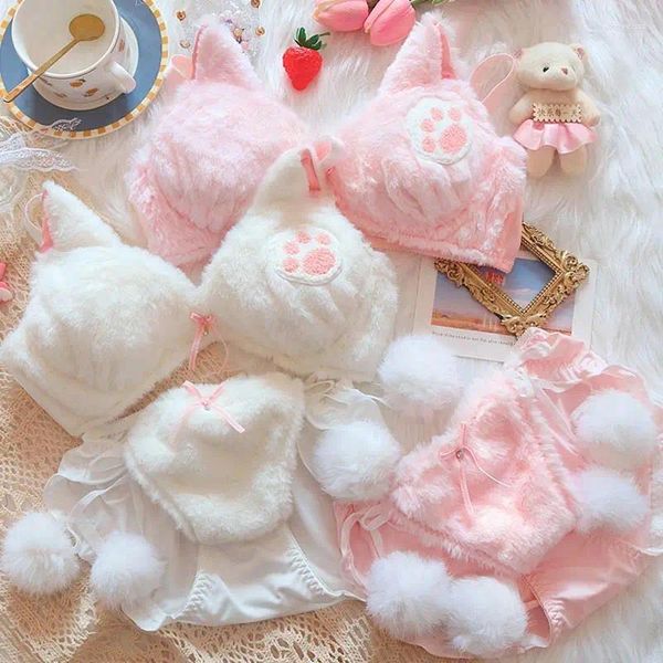 Sutiãs peludo roupa interior de pelúcia conjunto de sutiã térmico japonês menina macia doce e bonito dos desenhos animados algodão puro sem anéis de fio