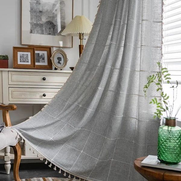 Cortina de algodão japonês xadrez janela grossa com borlas blackout valance para as cortinas de luxo da sala de estar