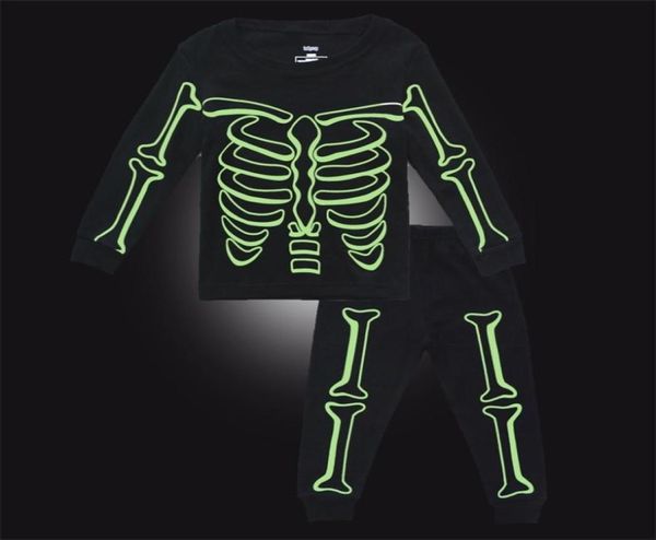 BINIDUCKLING пижамные комплекты для маленьких мальчиков, светящаяся хлопковая одежда с принтом скелетов, одежда для сна с длинными рукавами для детей, детские пижамы 2107291139404