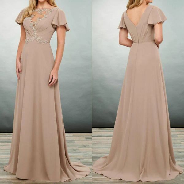 2024 Abiti eleganti per la madre della sposa Maniche corte Appliques Abiti da sera in chiffon Lunghezza pavimento Abito da sposa taglie forti