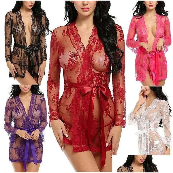 Sexy saia sutiã conjuntos mulheres y lingerie transparente malha sleepwear renda transparente primavera e verão mulheres robe roupões gota entregar otn8q