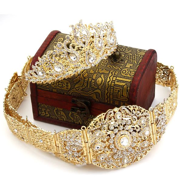 Sunspicems Gold Farbe Algerien Marokko Gürtel Krone Braut Hochzeit Schmuck Arabische Frauen Körper Kette Tiaras Kaftan Bijoux 240311