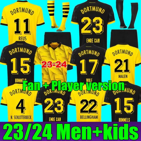 23 24 Camisas de futebol REUS DORTMUNDS 2023 2024 Borussia Futebol HALLER Camisa de futebol Sancho Neongelb Hummels Brandt Homens Crianças Kit Especial Todo Preto Maillot De Foot