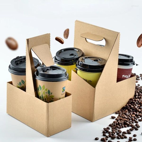 Confezione regalo 10 pezzi di carta Kraft Tè al latte Portabicchieri portatile Usa e getta in cartone ondulato Confezione di caffè Bevanda da asporto Doppio vassoio