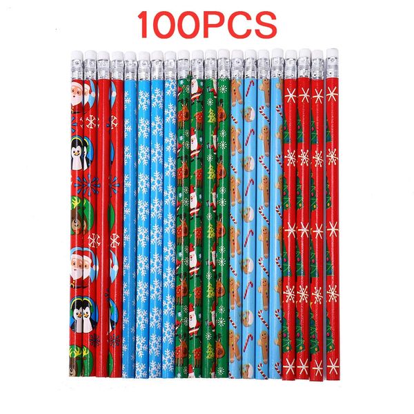 100pcs Noel teması ahşap kalem hb siyah toksik olmayan boyama yazma standart kalem sevimli kırtasiye ofis okul malzemeleri 240304