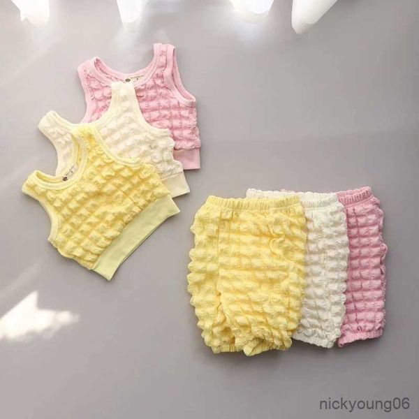 Kleidungssets, Sommer-Kleidungsset für Mädchen, ärmelloses Set für kleine und mittlere Mädchen, niedliches Bubble-Plaid-Tanktop + Hose, Kinderkleidung