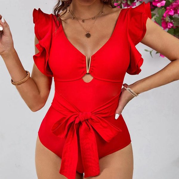 Damenbadebekleidung 2024 Einteiliger Badeanzug Einfarbiger Gürtel Gepolsterte Rüschen Frauen Deep-V-Badeanzug Strandkleidung Monokini-Body