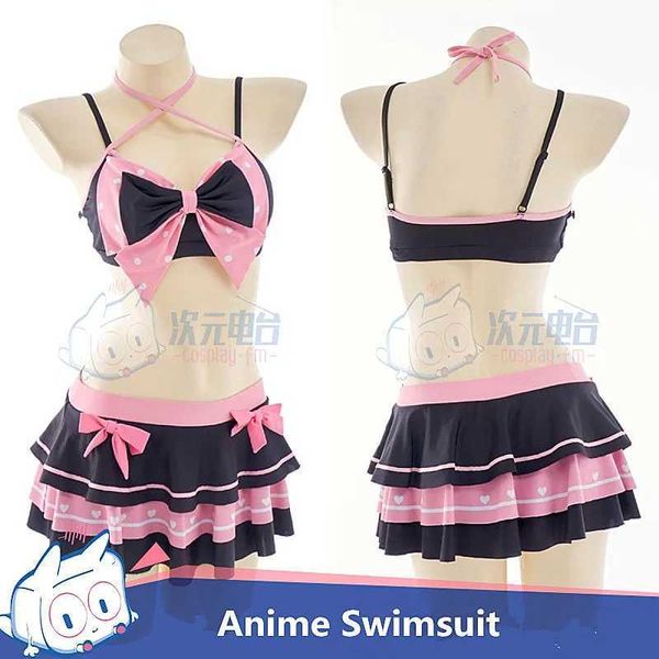 Mulheres Swimwear Anime Mulheres Cosplay Amor Adorável Split Swimsuit Preto Rosa Arco Verão Sexy Bikini Swimwear para Meninas 2022 Tamanhos S-XLC24315