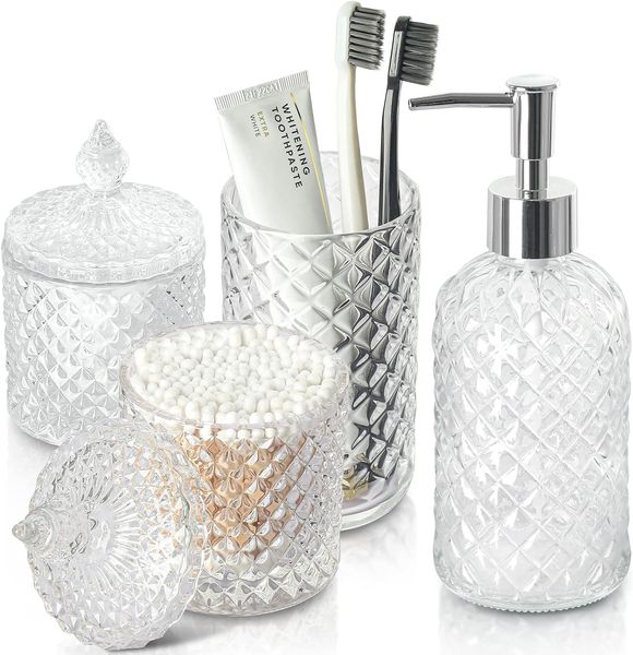 Badezimmer-Zubehör-Set, 4er-Pack Badzubehör-Sets aus klarem Glas, Diamant-Seifenspender und Zahnbürstenhalter-Set für Aufsatzwaschbecken