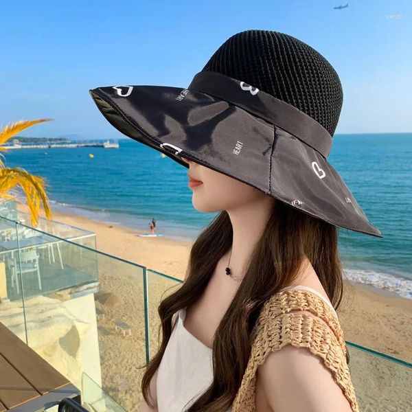 Ampla borda chapéus praia mulheres 2024 moda verão proteção solar pescador boné gorro ao ar livre grande balde rosa panamá chapéu amor