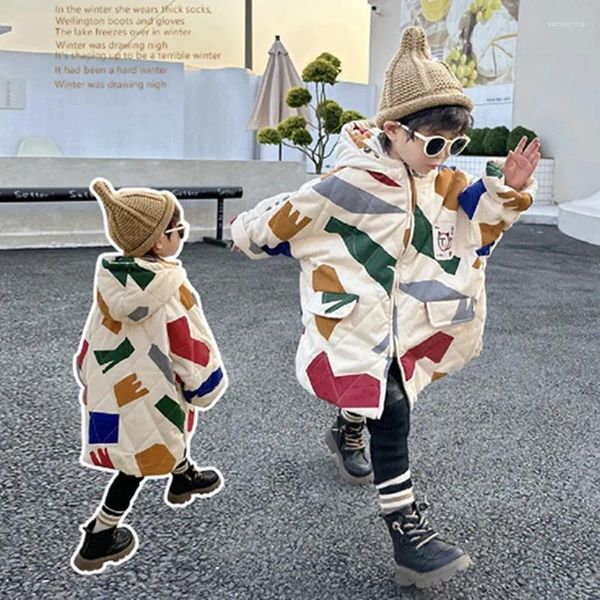 Piumino 2024 Inverno Bambini Design Graffiti colorati Motivo geometrico Versione coreana per ragazze in cotone per ragazzi