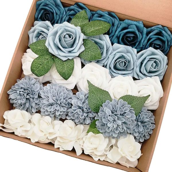 Mefier flores artificiais rosa combinação delicada elegante azul empoeirado flores de espuma falsa com haste para festa de casamento decorações de casa 240313