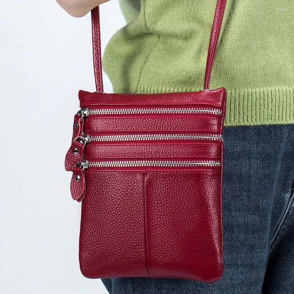 Женская сумка через плечо с тремя молниями и шнурком через плечо для девочек, карман для телефона, женская сумка-мессенджер с клапаном из коровьей кожи для мобильного телефона