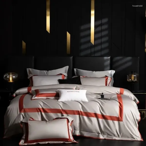 Yatak Setleri 1000TC Premium Pamuk Kraliçe Kral Seti 4pcs Gri Turuncu Çerçeve Patchwork Nevresim Yatak Sayfası Yastık