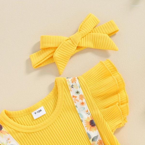 Conjuntos de roupas nascidos bebês meninas girassol plissado macacão em camadas sem costas bowknot bodysuit com faixa de cabeça