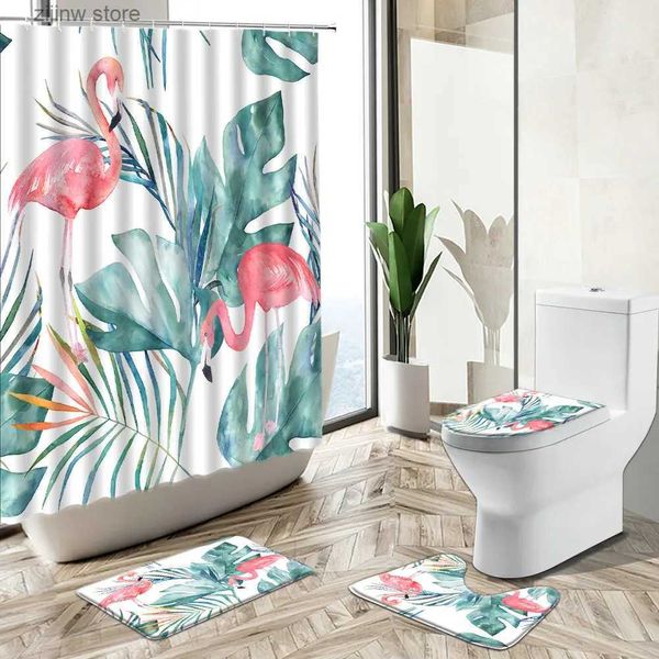 Duschvorhänge, 3D-Rosa-Flamingo-Duschvorhang, tropische grüne Pflanze, nordische Blumen-Wasserfarben, rutschfester WC-Vorleger, Badezimmer-Set Y240316
