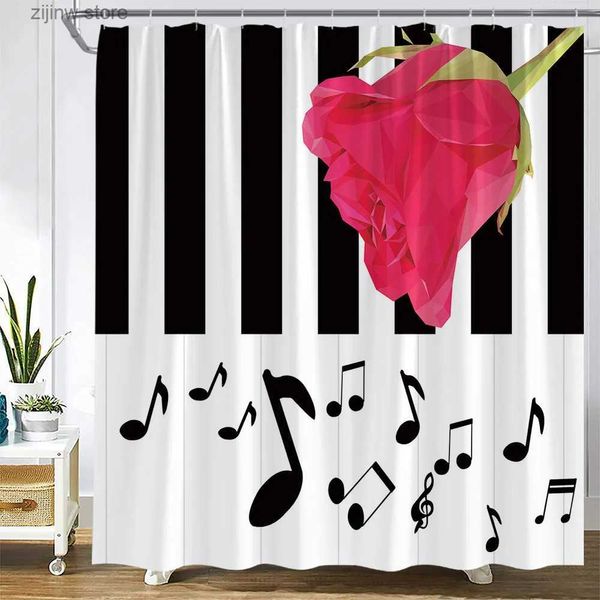 Duschvorhänge, schwarze und weiße Klaviertasten, Duschvorhang, Musiksymbol, rote Rose, Blumenstoffvorhänge, modernes, minimalistisches weißes Badezimmer-Dekor-Set Y240316