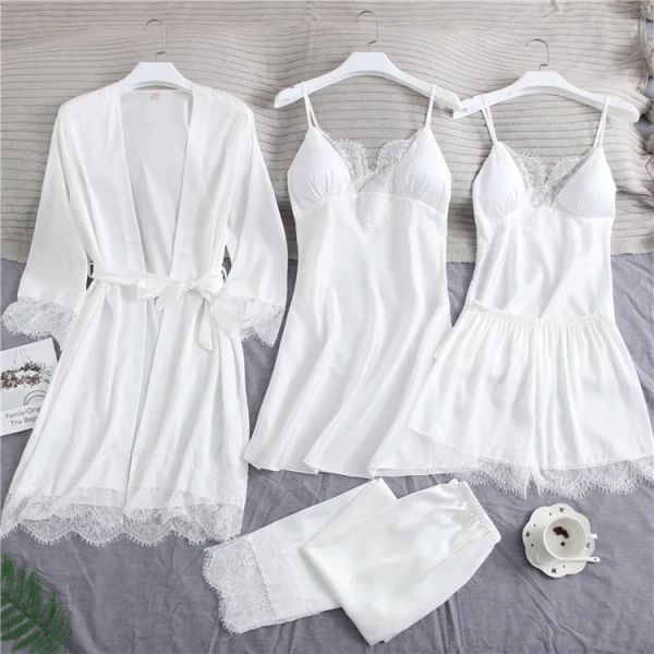 Indumenti da notte Sexy Slittamento Completo In Pizzo Bianco Seta Pamas Set Donna Chemise Sposa Abito da sposa Camicia da notte Indumenti da notte Kimono Accappatoio Lingerie