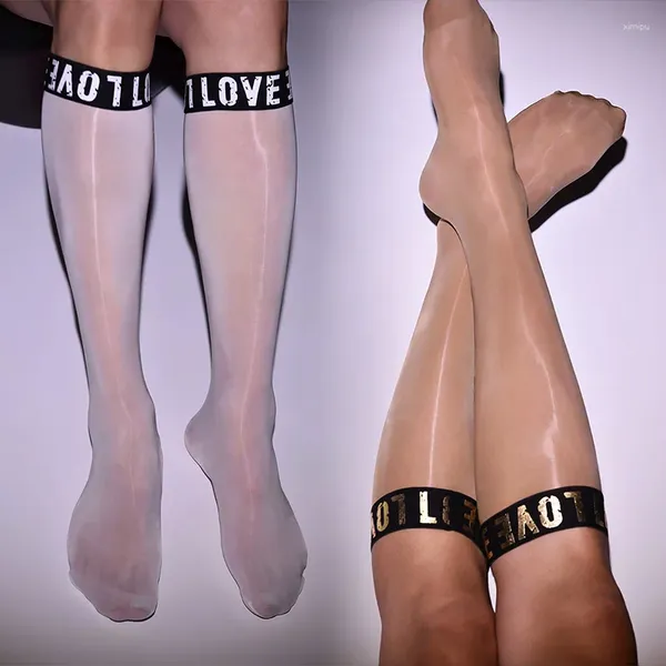 Erkek Çoraplar 1 Pair Seksi Erkekler Orta Yağ Parlak Ultra Nefes Alabaş Çoraplar İpek Diz Yüksek Şeker Renk Parlak Uzun Çorap iç çamaşırı