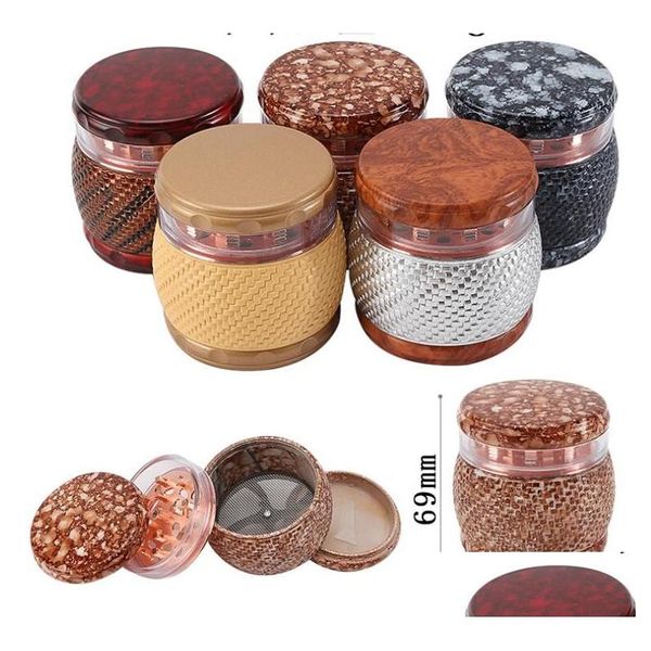 Herb Grinder Est Drum 70mm 4 Peça Colorf Fumar Metal Resina Abrader Ferramenta Mão Tabaco Spice Crusher Miller Styles Drop Delivery Ho Dhj7r