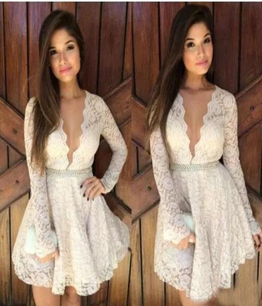 Sexo V Neck Lace Branco Curto Homecoming Vestidos Com Mangas Compridas Mini Pouco Cocktail Party Vestidos Barato Curto Vestido de Baile Bridesm7134010