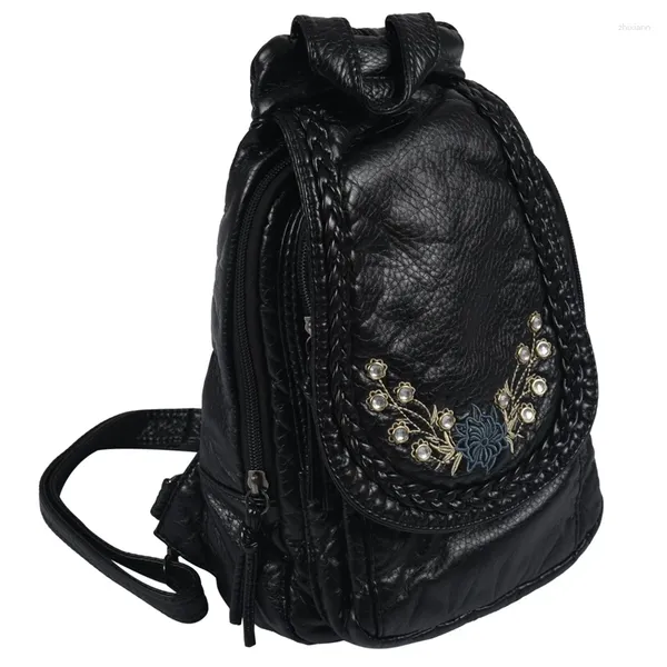 Sacos escolares Cúpula Bordado Flores Mulheres Mochila Pequena Macia Pu Mochilas De Couro Para Meninas Adolescentes Feminino Bolsa De Ombro Pacote De Peito Preto