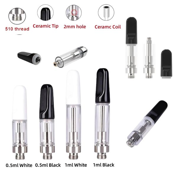 ABD Seramik Sepeti 0.5ml 1ml Kalın Yağ Vape Kartuşları Atomizerler Boş Düz Uçlar Seramik Bobinler 510 Atomizer A13 Köpük Ambalaj 600 PCS/Lot Stok D8 Arabalar 2.0mm Delikli Arabalar