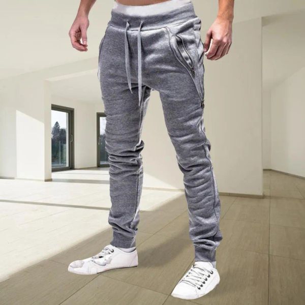 Calça esportiva masculina com cordão e bolsos com zíper, calça de moletom amarrada no tornozelo, calça skinny, casual, slim, cintura alta, folgada