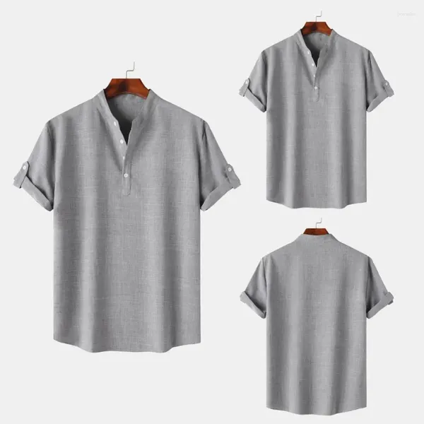 T-shirt da uomo Camicia tinta unita Estate elegante con colletto alla coreana Dettaglio gemelli Design slim fit per abbigliamento casual o da lavoro