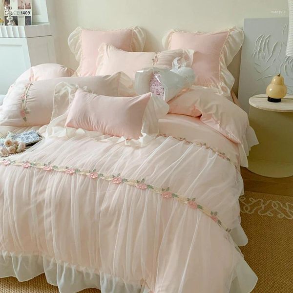 Conjuntos de cama rosa francês princesa casamento romântico plissado rendas babados conjunto macio aconchegante coreano meninas capa de edredão cama folha fronha