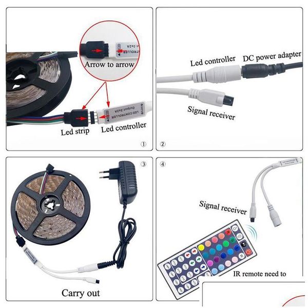 Tiras LED Drop Ship 16.4Ft 32.8Ft 49Ft 65Ft RGB Strip Light DC12V 5050SMD Luzes com adaptador e 44 teclas Ir Controller Delivery Light Dhefn