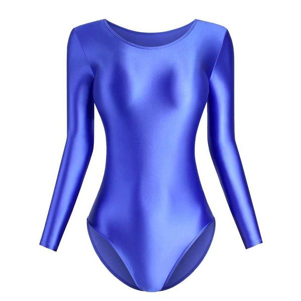 Mulheres Swimwear S-3XL Maiô de Cintura Alta Mulheres Sexy Apertado Brilhante Forquilha Alta Long Sle Cor Sólida Camiseta Leotard One Piece SwimwearC24315