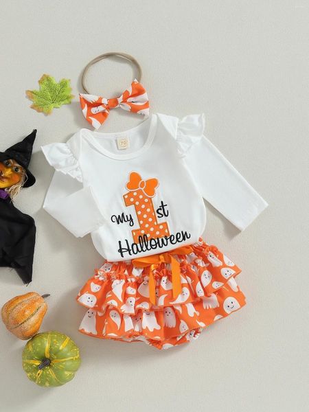 Conjuntos de roupas bonito e assustador Halloween Baby Girl Costume Set com Ghost Tutu Saia Headband - Perfeito para o seu pequeno Boo S primeiro