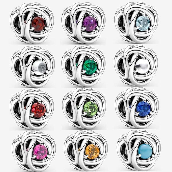 Birthstone Eternity Circle Charm Pandoras 925 Sterling Silver Charms Pulseira Charms Beads Colar Pingente Presente Namorada com Caixa Original de janeiro a dezembro