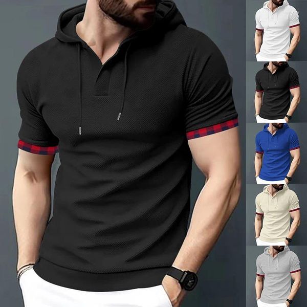 Abiti da uomo Esplosivo Tinta unita Felpa con cappuccio a maniche corte Mezzo cardigan Waffle Top Adatto per gli sport estivi all'aria aperta Abbigliamento traspirante