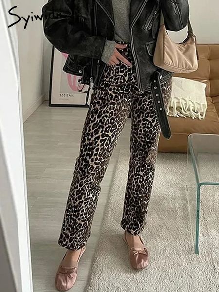 Женские джинсы Syiwidii с леопардовым принтом, узкие брюки-карандаш с высокой талией, уличная одежда Y2k, винтажные прямые брюки 240313