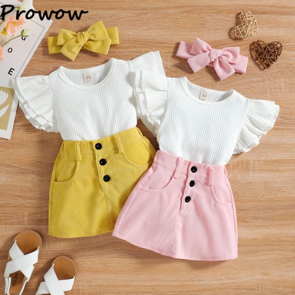 Vestidos prowow 04y bebê recém-nascido roupas da menina vestido terno babados branco tshirts + veludo botão saias crianças menina conjunto de roupas