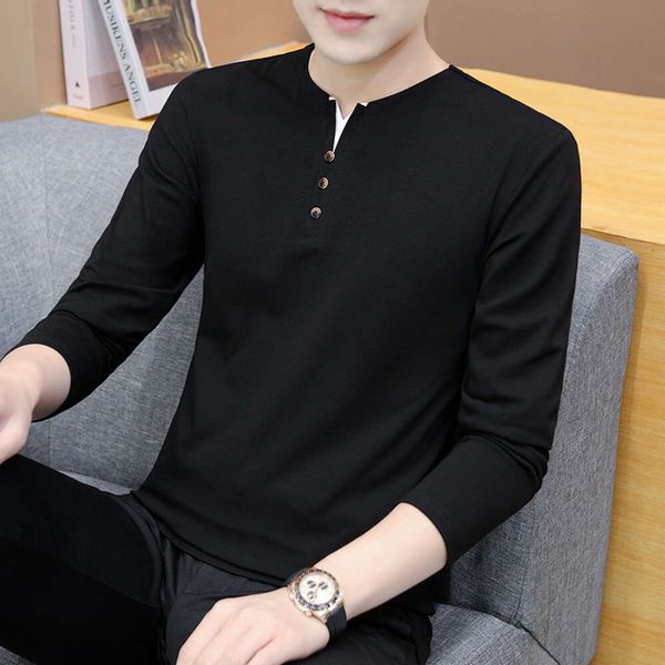 Мужская футболка с длинными рукавами весной и осенью, новый корейский тренд Slim Fit, молодежная нижняя рубашка из чистого хлопка Instagram, верхняя одежда с V-образным вырезом