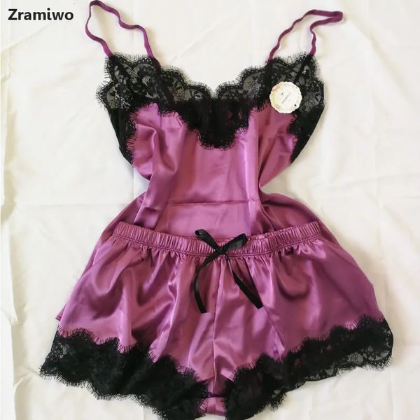 Damen-Nachtwäsche, sexy Satin-Pyjama-Set, schwarzer Spitze-Pyjama mit V-Ausschnitt, ärmellos, süßes Cami-Top und Shorts 240308