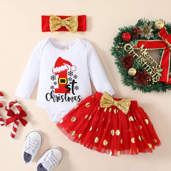 Платья Ma Baby 018M, первый рождественский комплект одежды для новорожденных девочек, комбинезон с длинными рукавами, юбки с бантом в горошек, наряды, рождественская одежда D01