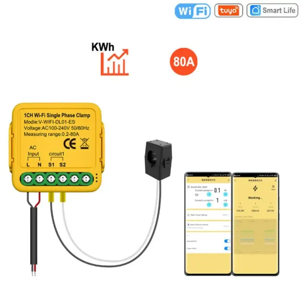 Controle Home Inteligente Tuya WiFi Medidor de Energia 80A com Transformador de Corrente Braçadeira KWh Power Monitor Estatísticas de Eletricidade 110V 230V Alexa