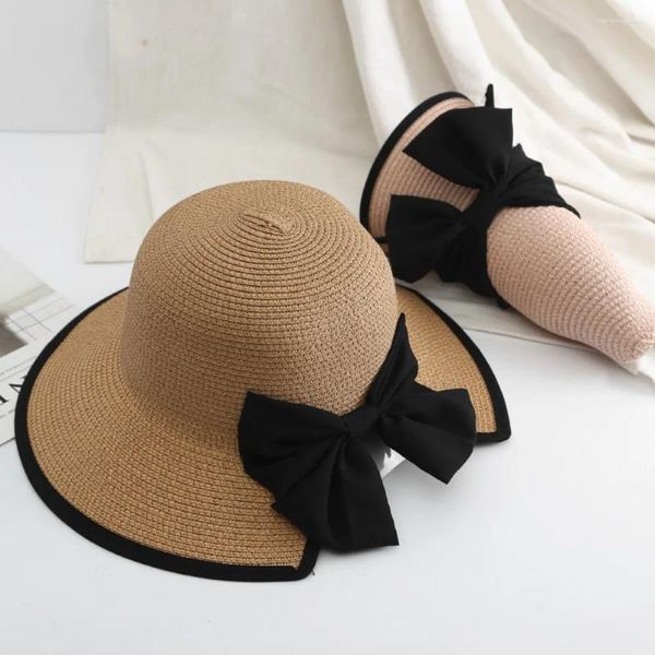Chapéus de aba larga Lady Summer Floppy Beach Straw Hat Sun Cap Dobrável
