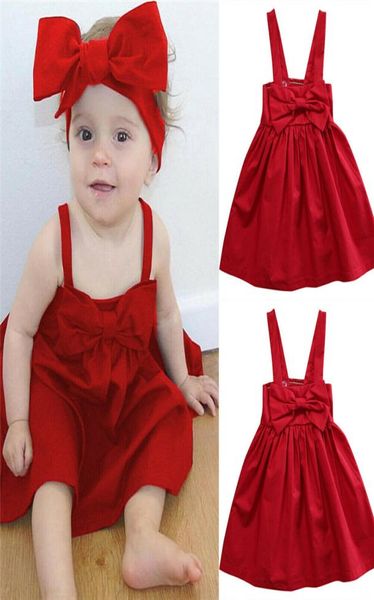 Bebê meninas criança criança verão vestido de verão bonito menina bowknot vestido vermelho ajustável curto mini colete vestido princesa outfit2808041