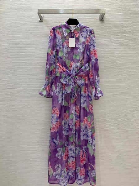 Vestido casual primavera verão 2024 lapela de lapela saia de laço de lapro comprido linho de linho de algodão feminino