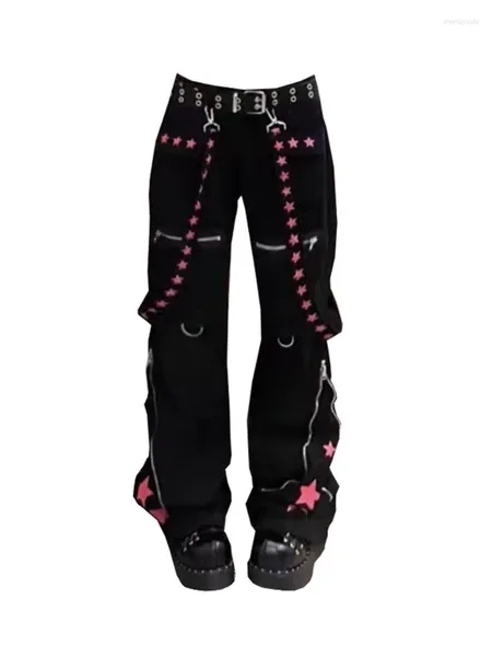 Jeans da donna Punk Cyber ​​High Street Corea Moda Pantaloni Vita larga Pantaloni larghi neri dritti Hiphop gotico retrò americano