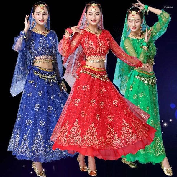 Palco desgaste bollywood vestido traje mulheres dança conjunto barriga sari roupas desempenho roupas chiffon