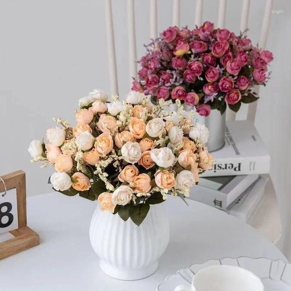 Flores decorativas 15 cabeça flor artificial rosa vermelha de alta qualidade seda falsa festa casamento sala estar decoração casa buquê