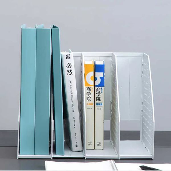 Kağıt Kitaplar Dosya Sepet Masaüstü Stand Rafı 4 Izgara Plastik Gri Klasör Saklama Kutusu Dikey Kitap Organizatör Kitaplık Ofis Malzemeleri